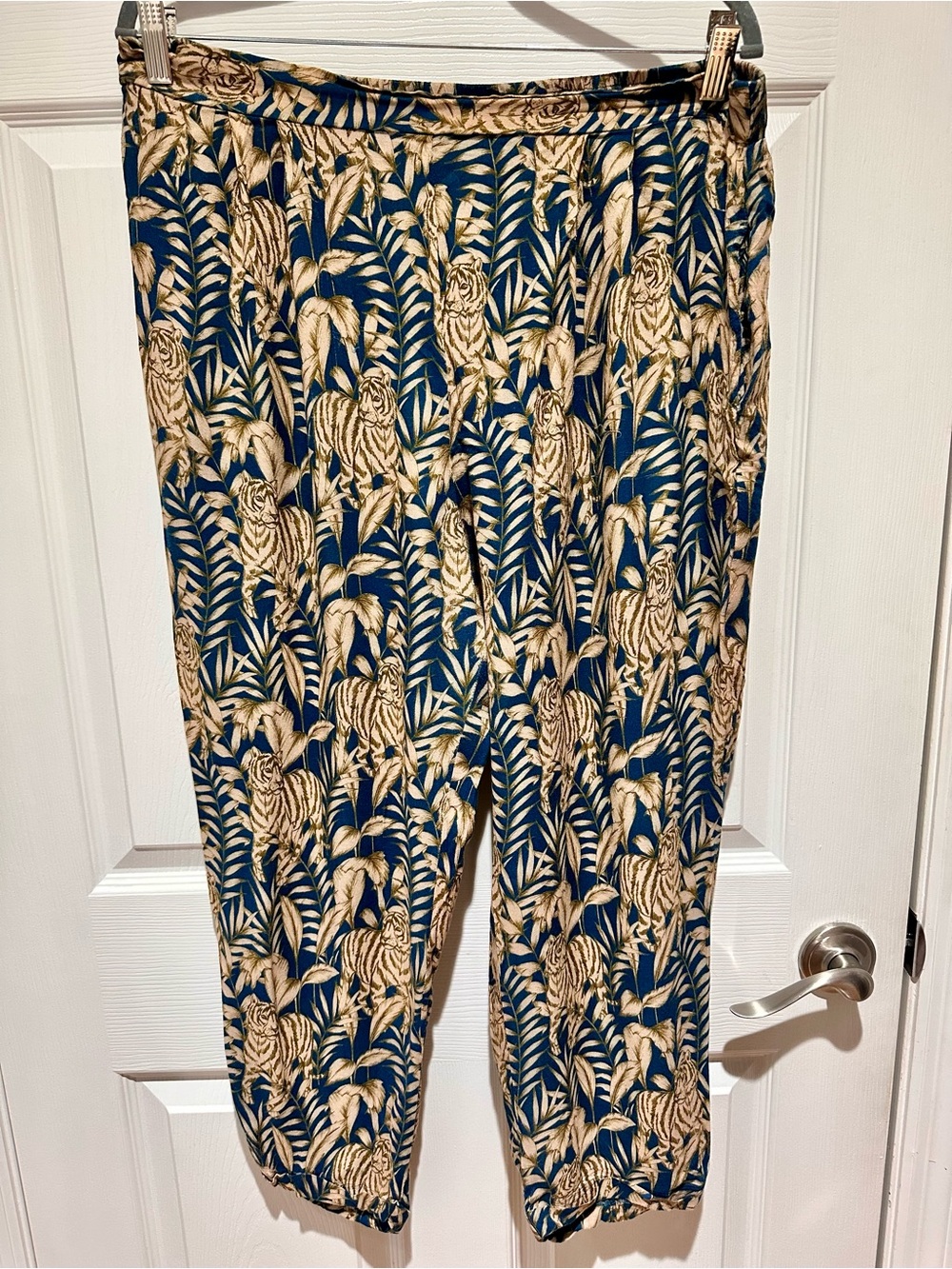Johnny Was Workshop: Tropical Tiger Print Pull-On Pants in Teal & Beige